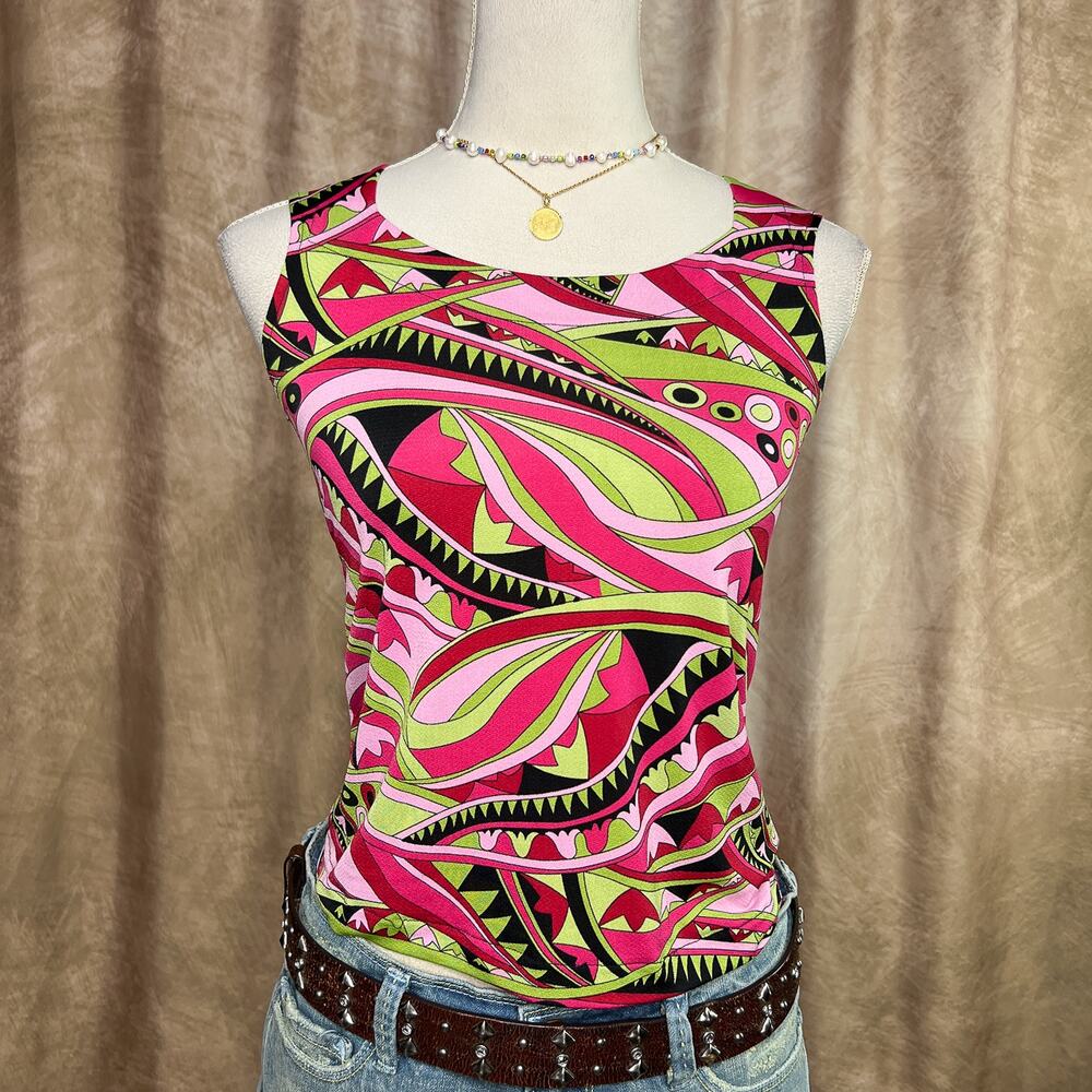 Vintage 90s Multicolor Geometric Abstract Print Shirt Sleeveless Euro Cybercore